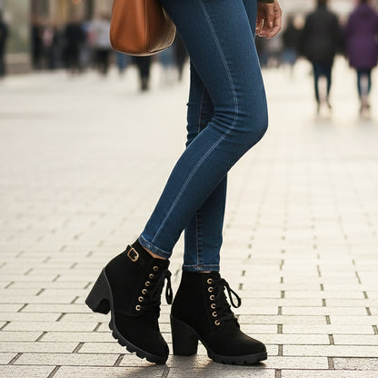 Black lace-up block heel ankle boots
