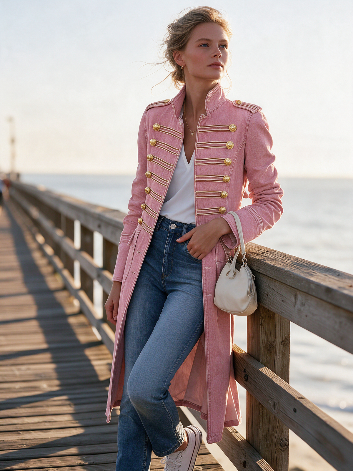 Vittoria Washed Denim Gold-Button Officer Coat