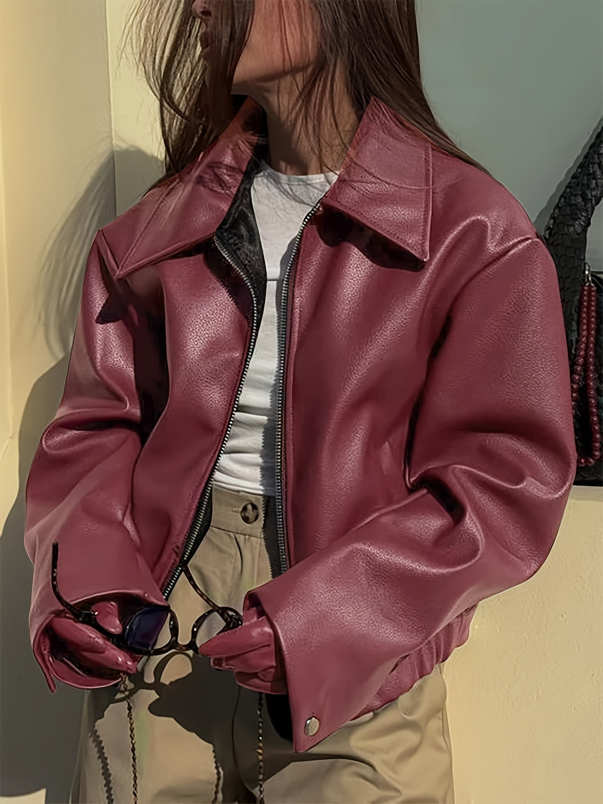 Scarlett Vintage Faux Leather Biker Jacket - Maroon
