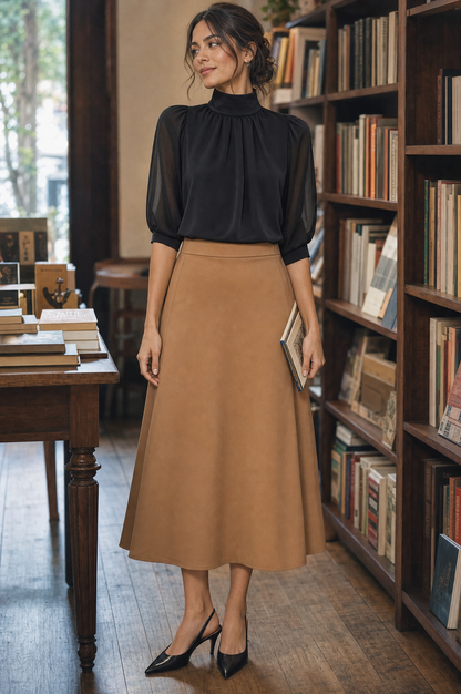 Mock Neck Chiffon Puff Sleeve Blouse
