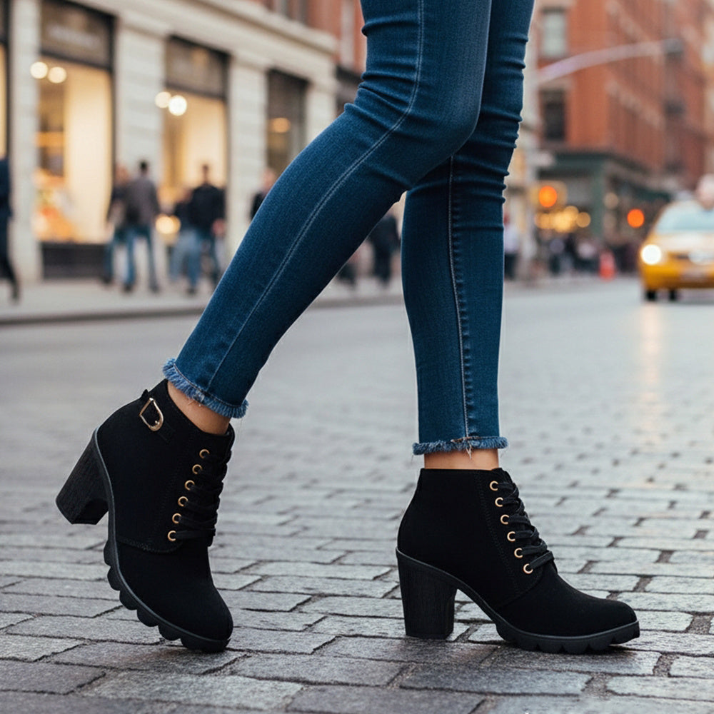 Black lace-up block heel ankle boots