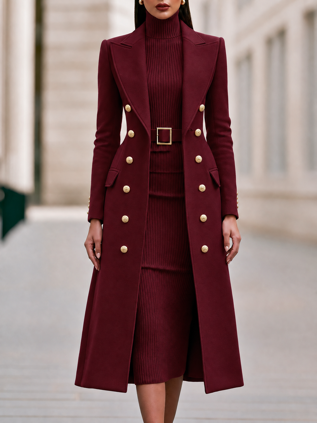Double-Breasted Maxi Coat And Belted Knit Midi Dress Set