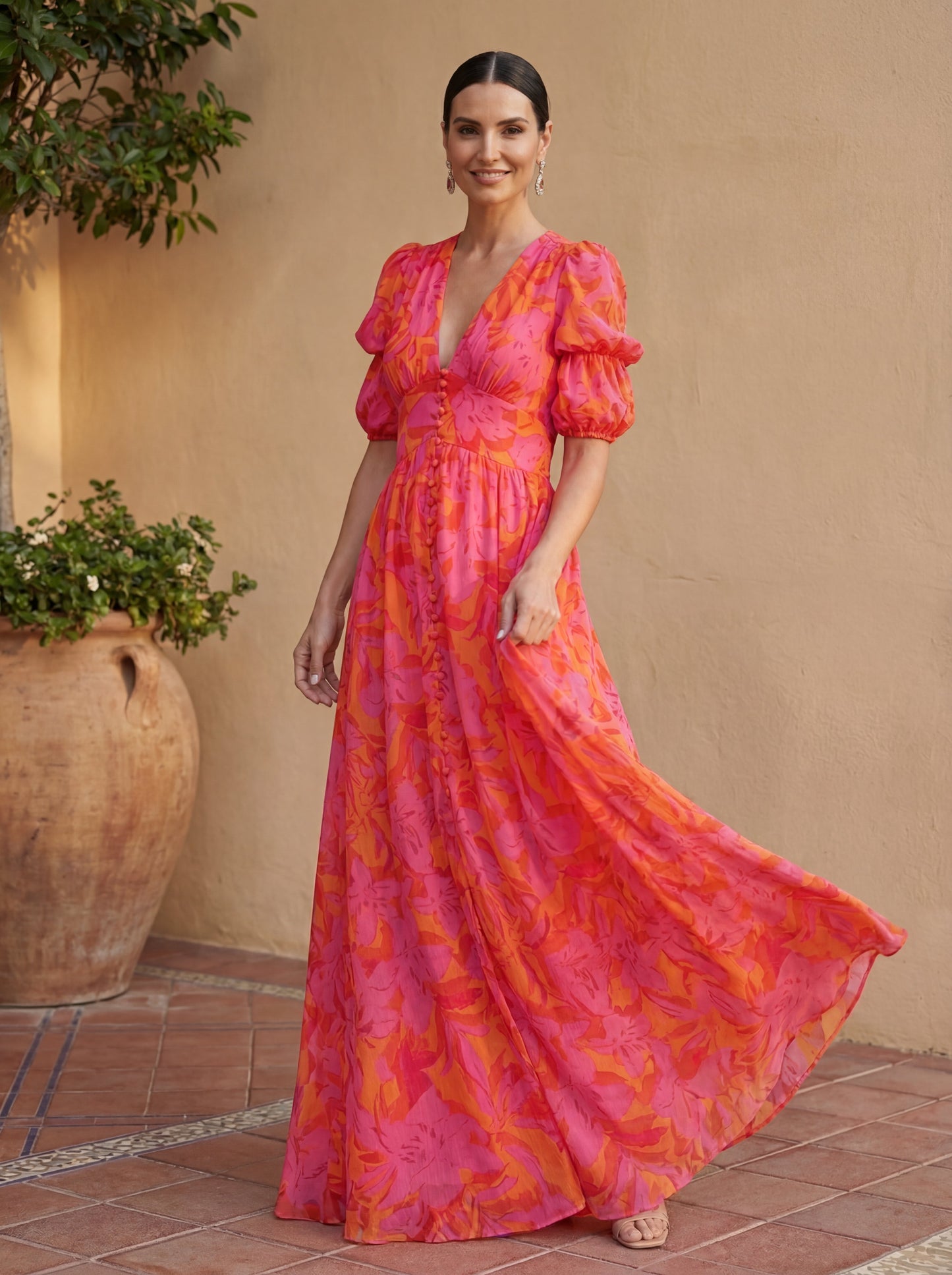 Oliva Floral Maxi Dress with Balloon Sleeves