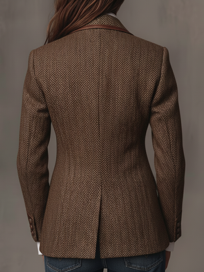 Beatrice Herringbone Contrast-Trim Blazer