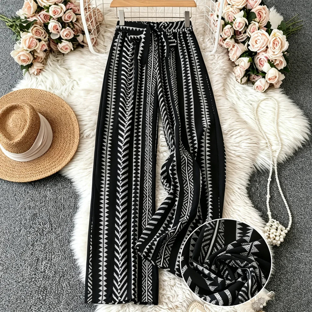 Ethnic Tribal Print High Waist Wide Leg Pants Women Elastic Waist Loose Beach Trousers