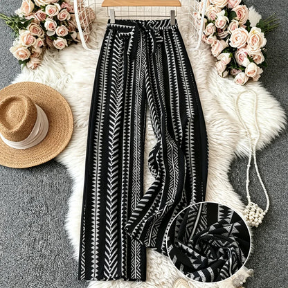 Ethnic Tribal Print High Waist Wide Leg Pants Women Elastic Waist Loose Beach Trousers