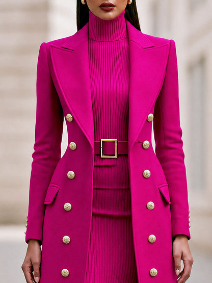 Double-Breasted Maxi Coat And Belted Knit Midi Dress Set