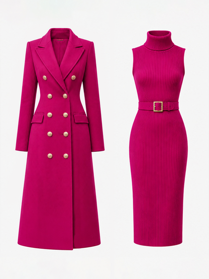 Double-Breasted Maxi Coat And Belted Knit Midi Dress Set