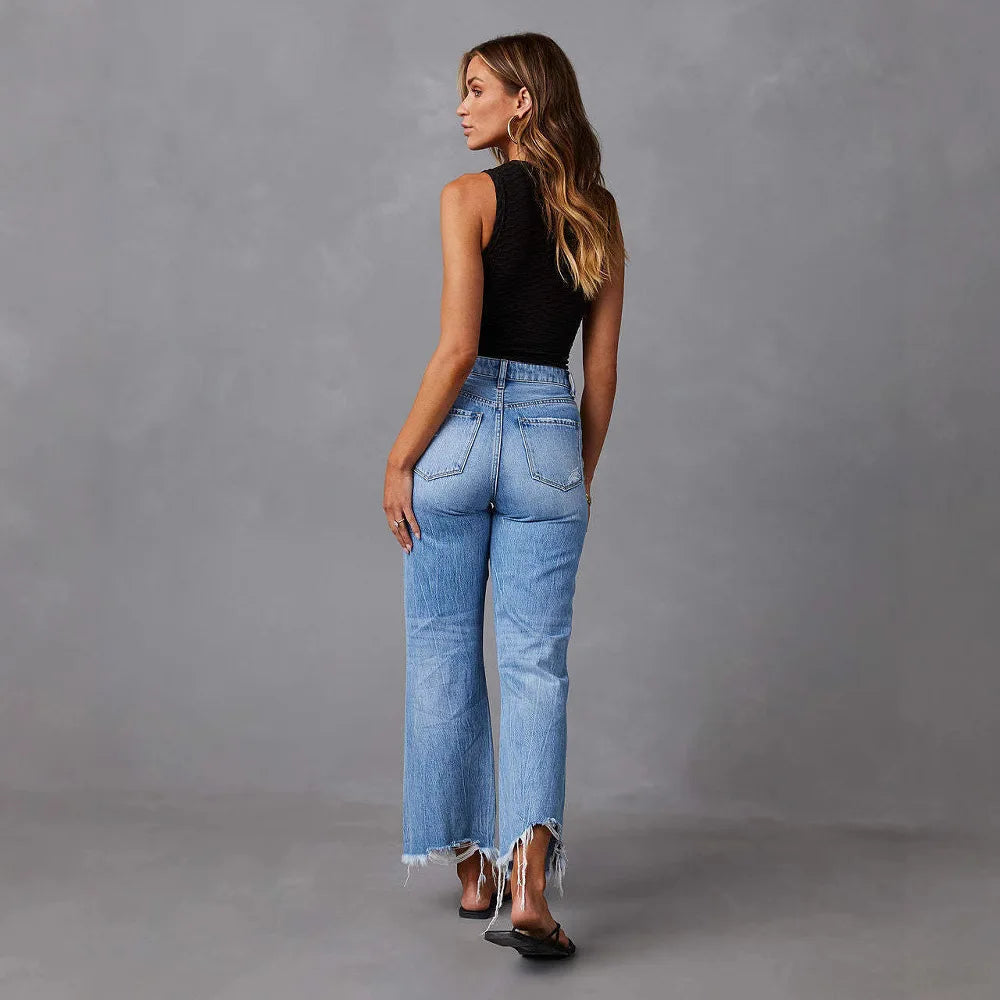 High Waist Wide Leg Jeans for Women Casual Street Style Tassel Frayed Denim Pants Loose Fit Retro Style All Season Blue