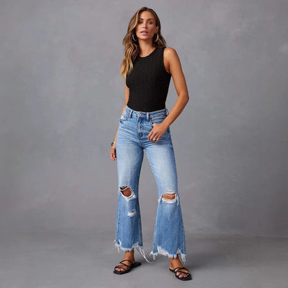 High Waist Wide Leg Jeans for Women Casual Street Style Tassel Frayed Denim Pants Loose Fit Retro Style All Season Blue