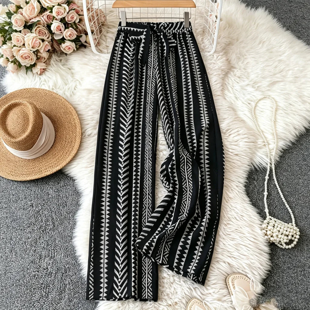 Ethnic Tribal Print High Waist Wide Leg Pants Women Elastic Waist Loose Beach Trousers