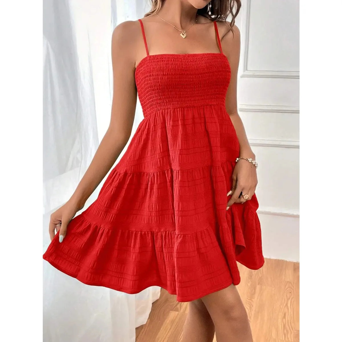 Women's Fashion Spaghetti Strap Smocked Bustier Mini Dress Blue Ruffled Tiered Swing Dress Summer Casual Vacation Beach Wear