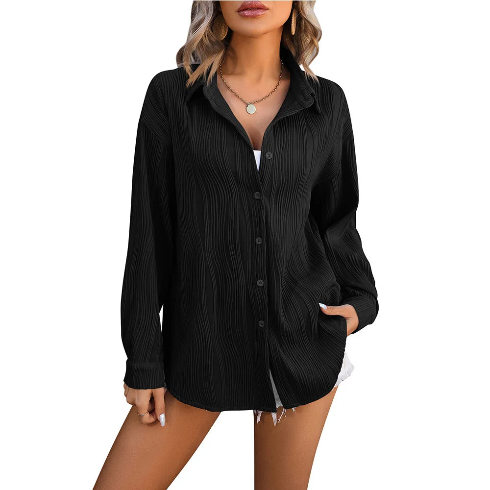 Marlowe Wave-Texture Lapel Blouse