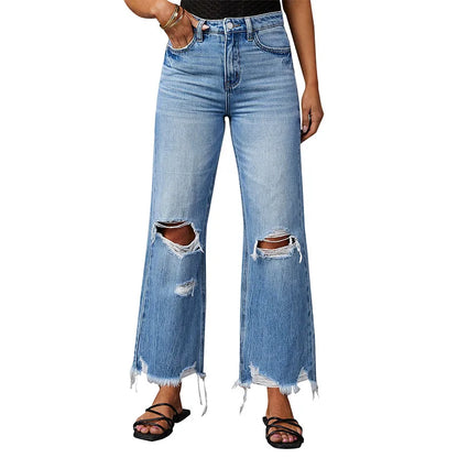 High Waist Wide Leg Jeans for Women Casual Street Style Tassel Frayed Denim Pants Loose Fit Retro Style All Season Blue