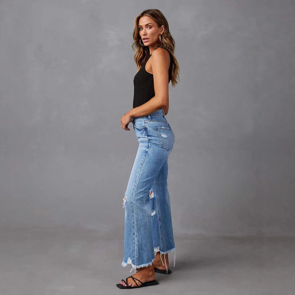 High Waist Wide Leg Jeans for Women Casual Street Style Tassel Frayed Denim Pants Loose Fit Retro Style All Season Blue