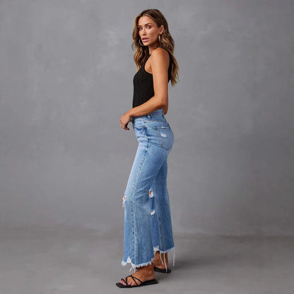 High Waist Wide Leg Jeans for Women Casual Street Style Tassel Frayed Denim Pants Loose Fit Retro Style All Season Blue