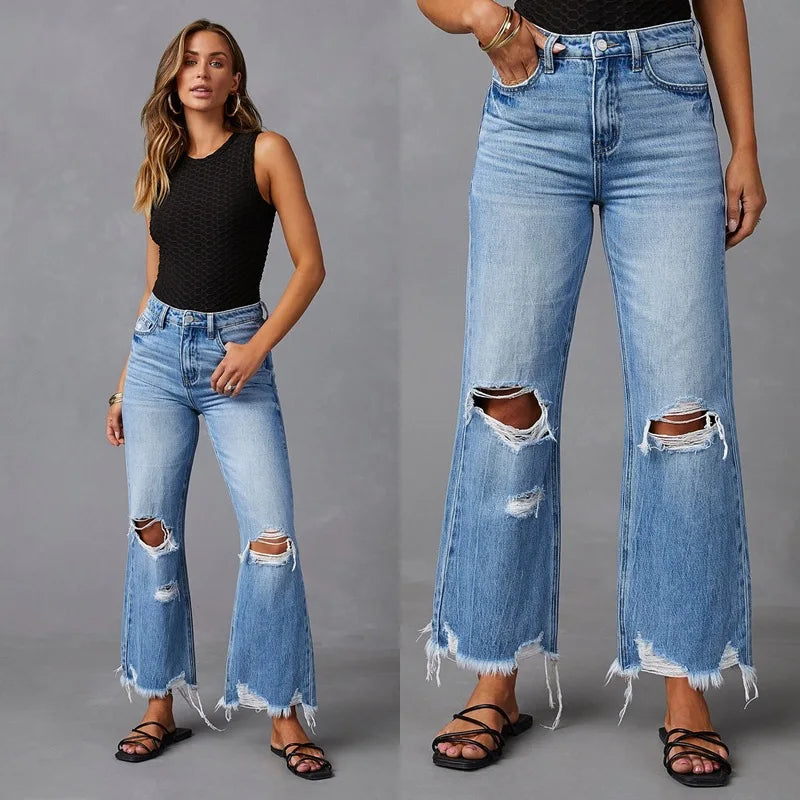 High Waist Wide Leg Jeans for Women Casual Street Style Tassel Frayed Denim Pants Loose Fit Retro Style All Season Blue