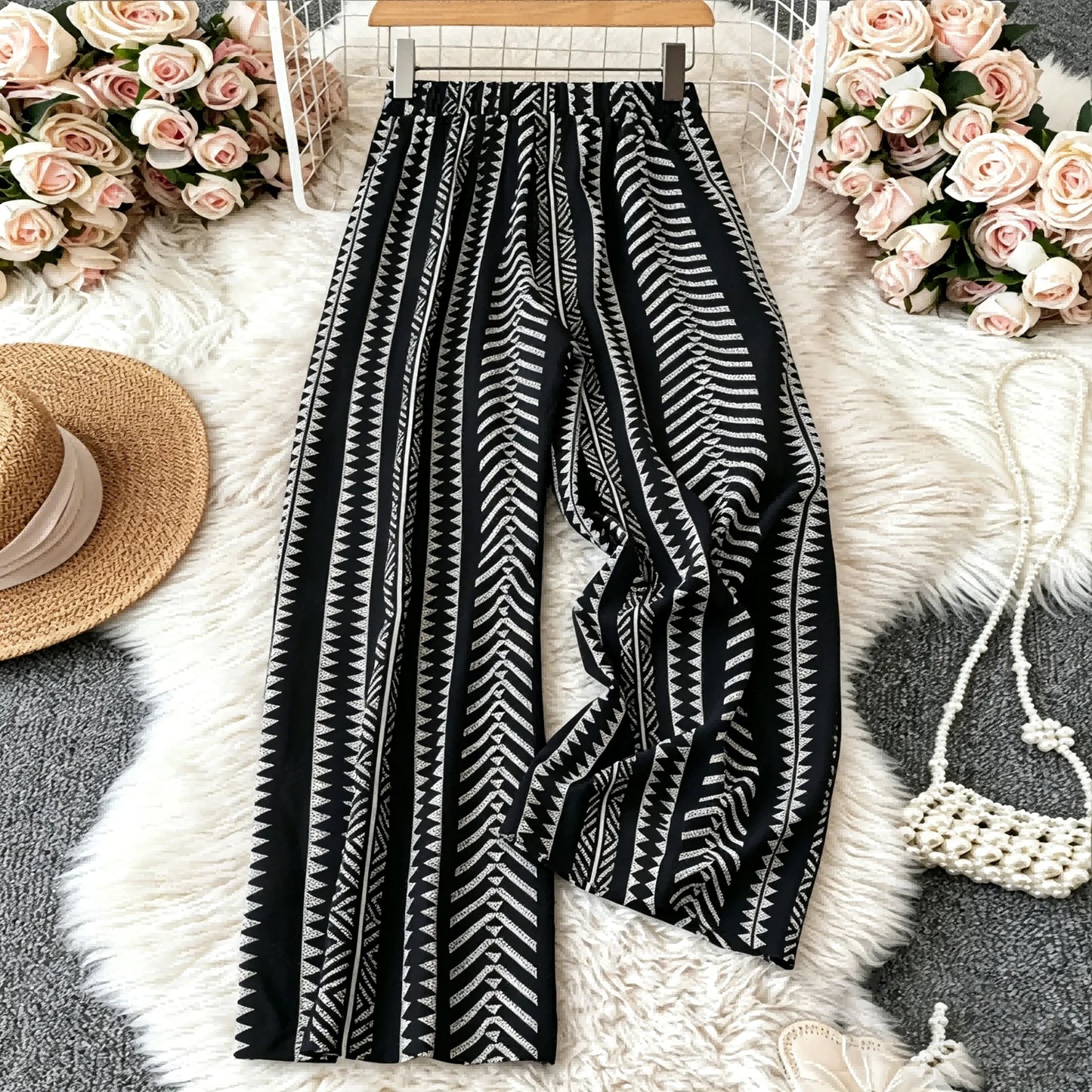 Ethnic Tribal Print High Waist Wide Leg Pants Women Elastic Waist Loose Beach Trousers