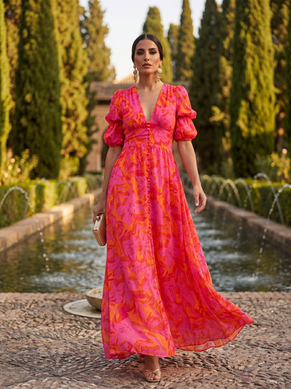Oliva Floral Maxi Dress with Balloon Sleeves