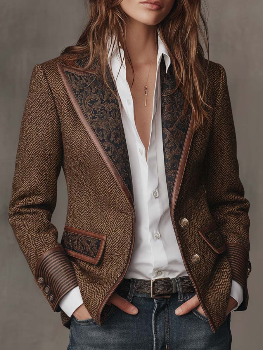 Beatrice Herringbone Contrast-Trim Blazer