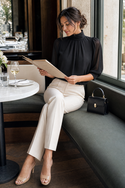 Mock Neck Chiffon Puff Sleeve Blouse