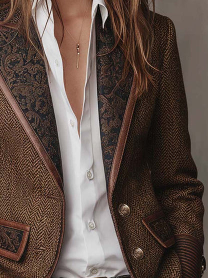 Beatrice Herringbone Contrast-Trim Blazer