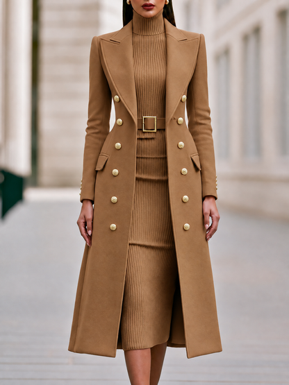 Double-Breasted Maxi Coat And Belted Knit Midi Dress Set