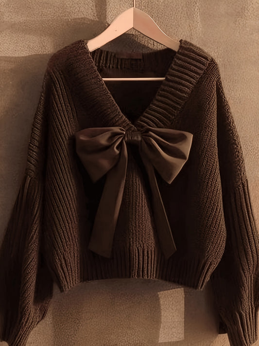Harriet Bow-Front V-Neck Jumper - Coffee
