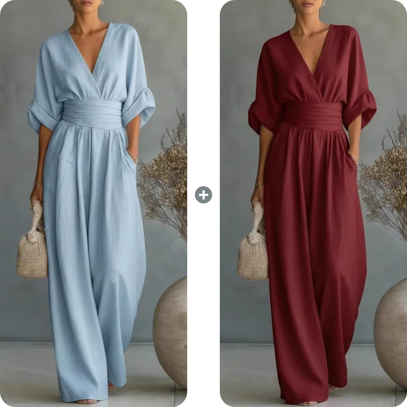 V-Neck High Waist Wide Leg Jumpsuit