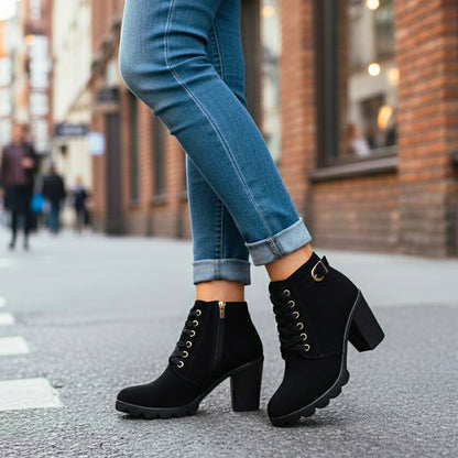 Black lace-up block heel ankle boots