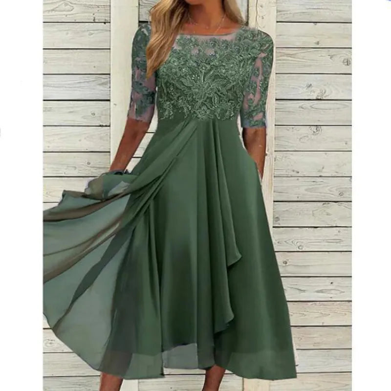 Lace-Bodice Draped Midi Dress