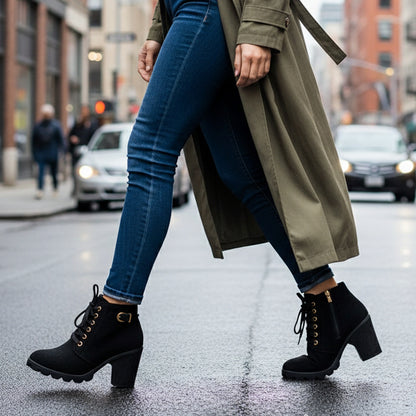 Black lace-up block heel ankle boots