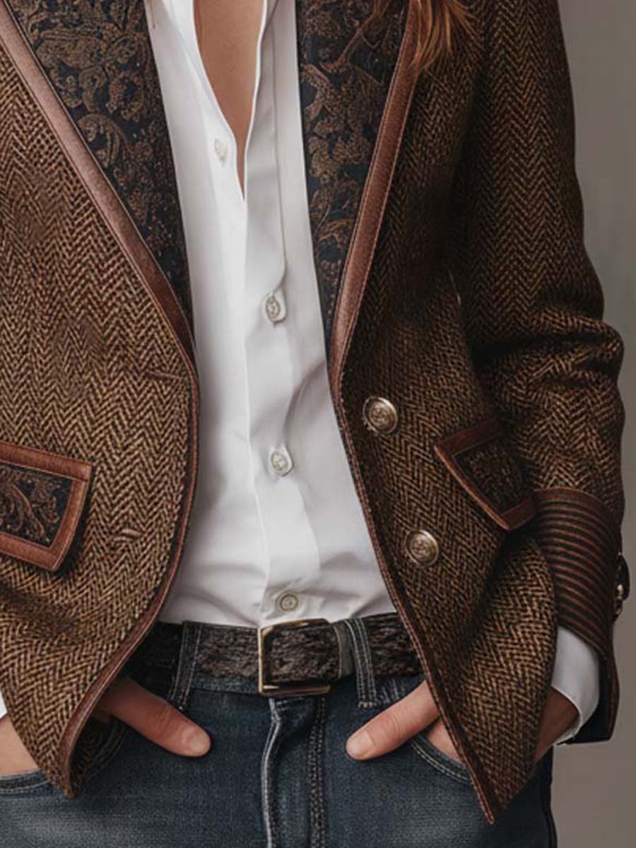 Beatrice Herringbone Contrast-Trim Blazer