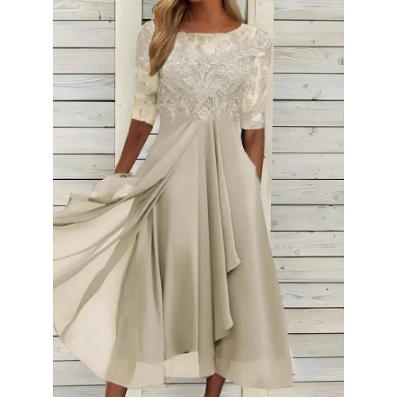 Lace-Bodice Draped Midi Dress