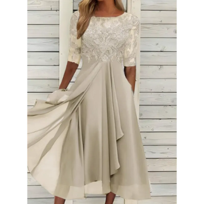 Lace-Bodice Draped Midi Dress