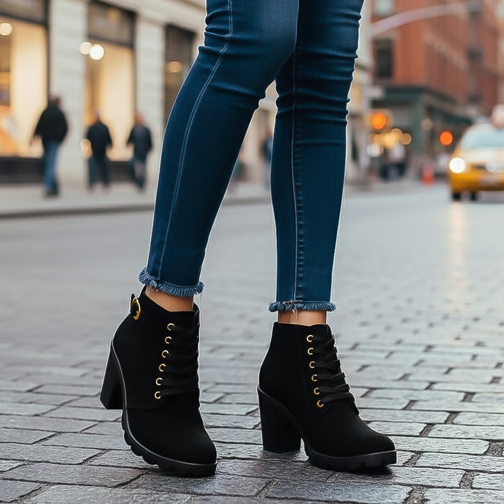 Black lace-up block heel ankle boots