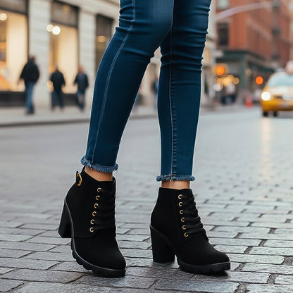 Black lace-up block heel ankle boots