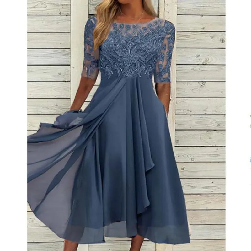 Lace-Bodice Draped Midi Dress