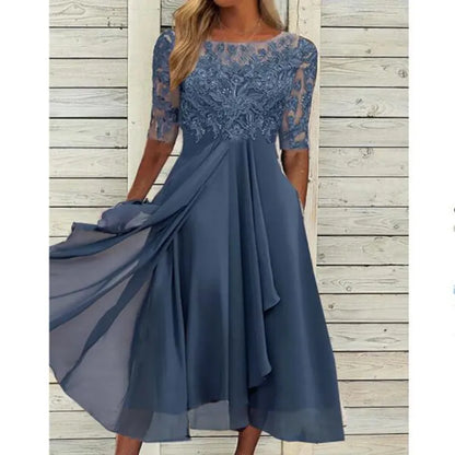 Lace-Bodice Draped Midi Dress