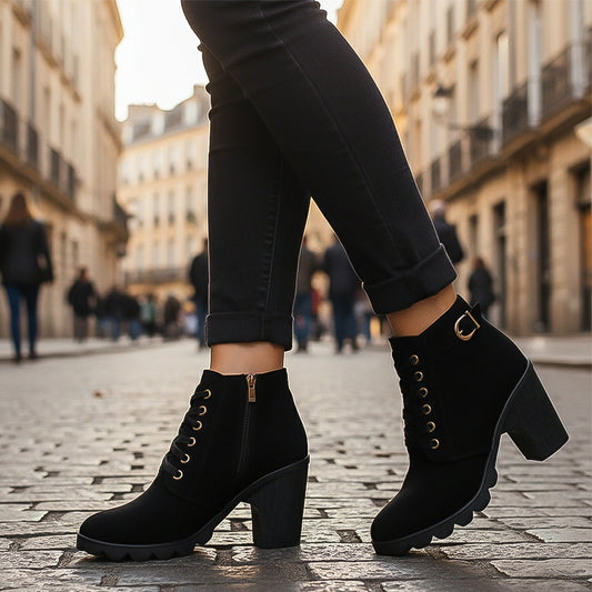 Black lace-up block heel ankle boots