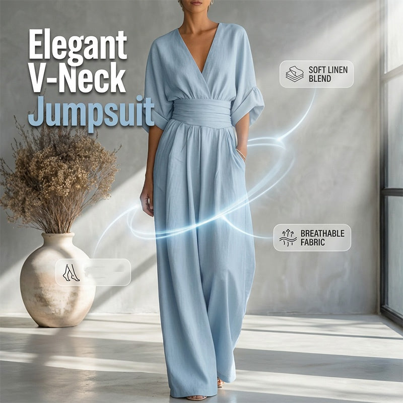 V-Neck High Waist Wide Leg Jumpsuit