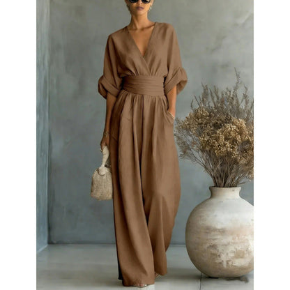 V-Neck High Waist Wide Leg Jumpsuit