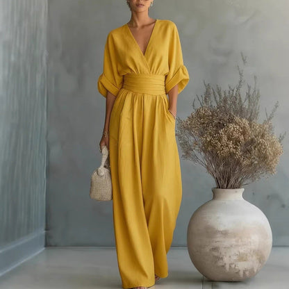 V-Neck High Waist Wide Leg Jumpsuit