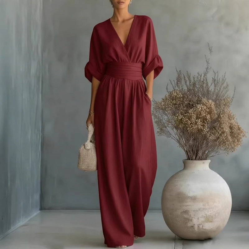 V-Neck High Waist Wide Leg Jumpsuit
