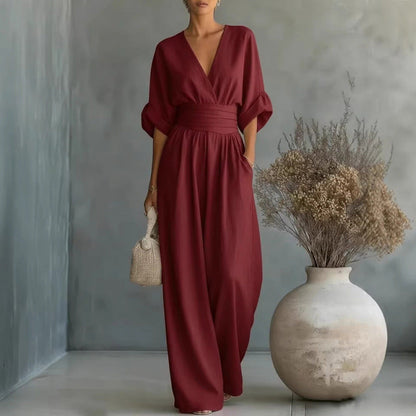 V-Neck High Waist Wide Leg Jumpsuit