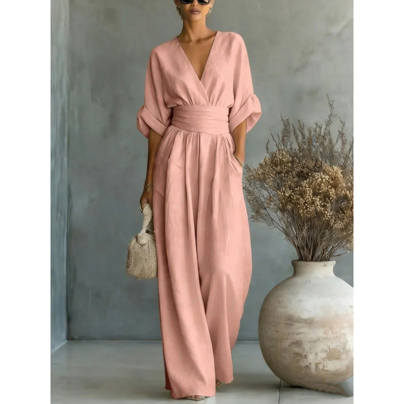 V-Neck High Waist Wide Leg Jumpsuit