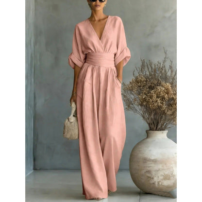 V-Neck High Waist Wide Leg Jumpsuit