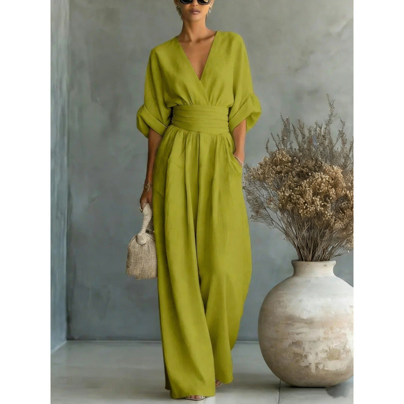 V-Neck High Waist Wide Leg Jumpsuit