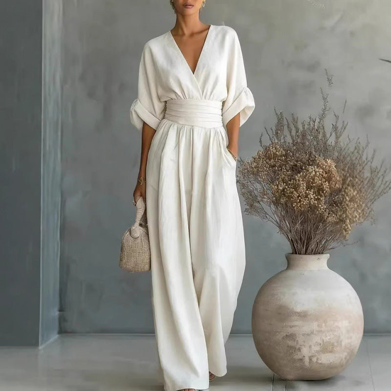 V-Neck High Waist Wide Leg Jumpsuit