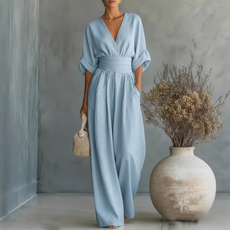 V-Neck High Waist Wide Leg Jumpsuit